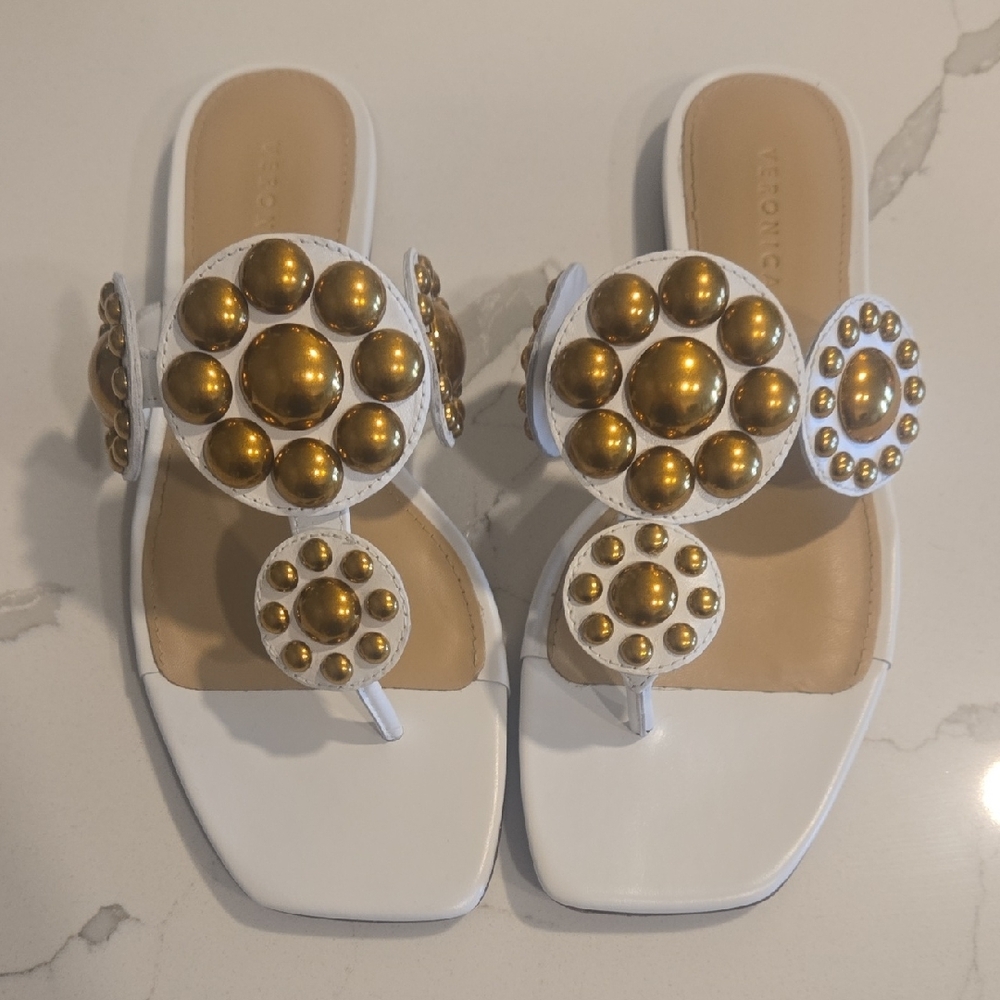 Veronica Beard White and Gold Sandals with Medallion Embellishments